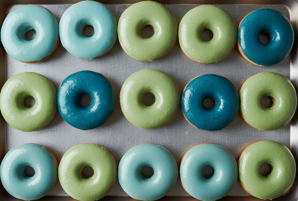 Green and blue donuts on a plate